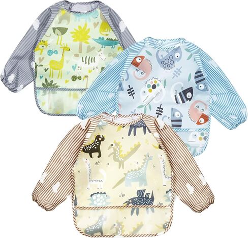 PandaEar 3 Pack Long Sleeve Bibs| Waterproof Full Bib with Sleeves for Babies Infant Toddler 6-24 Months| Mess Proof Baby Smock for Eating| Baby Apron for Feeding in Saudi Arabia