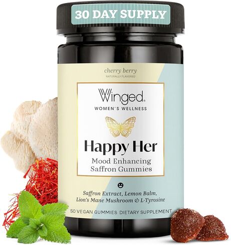 WINGED Happy Her Mood Gummies | Happy Mind & Positive Feelings | Clinically-studied Saffron Extract, Lion’s Mane, Lemon Balm, Vitamin D, L-Tyrosine & Chaste Tree Extracts | Cherry Berry Flavor (42ct) in Saudi Arabia