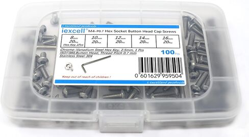 iexcell 100 Pcs M5 x 8/10/12/16/20 Stainless Steel 304 Hex Socket Button Head Cap Screws Bolts Assortment Kit in Kuwait