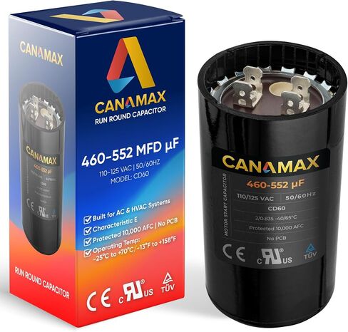 Canamax 460-552 MFD uf 50/60 هرتز 110-125 فولت تيار متردد مكثف بدء مستدير - بديل لتشغيل محرك التيار المتردد أو تشغيل المروحة ومكيف الهواء البارد أو المضخة الحرارية - يستبدل PMJ460A PMJ460 11025 11925 in Kuwait