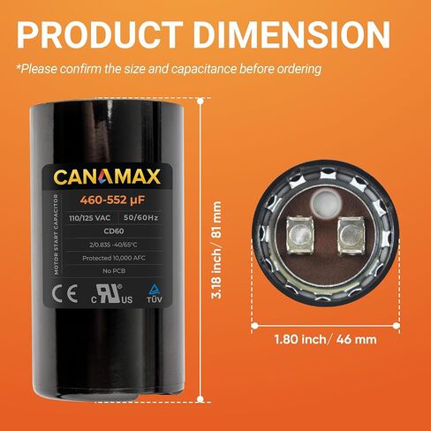 Canamax 460-552 MFD uf 50/60 هرتز 110-125 فولت تيار متردد مكثف بدء مستدير - بديل لتشغيل محرك التيار المتردد أو تشغيل المروحة ومكيف الهواء البارد أو المضخة الحرارية - يستبدل PMJ460A PMJ460 11025 11925 in Kuwait