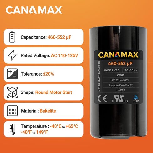 Canamax 460-552 MFD uf 50/60 هرتز 110-125 فولت تيار متردد مكثف بدء مستدير - بديل لتشغيل محرك التيار المتردد أو تشغيل المروحة ومكيف الهواء البارد أو المضخة الحرارية - يستبدل PMJ460A PMJ460 11025 11925 in Kuwait