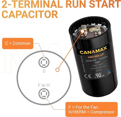 Canamax 460-552 MFD uf 50/60 هرتز 110-125 فولت تيار متردد مكثف بدء مستدير - بديل لتشغيل محرك التيار المتردد أو تشغيل المروحة ومكيف الهواء البارد أو المضخة الحرارية - يستبدل PMJ460A PMJ460 11025 11925 in Kuwait
