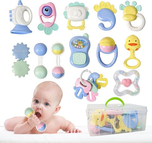 Cuterabit 12PCS Baby Rattles Toys Set with Storage Case, Teething Toys for Babies,Newborn Gift for Baby Boys and Girls 0 1 2 3 4 5 6 7 8 9 10 11 12 Months in Saudi Arabia