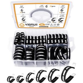 VIGRUE 60pcs Cable Clamps Assortment Kit, 304 Stainless Steel Rubber Cushion P Clamps Wire Clamp in 7 Sizes 1/4" 5/16" 3/8" 1/2" 5/8" 3/4"1''