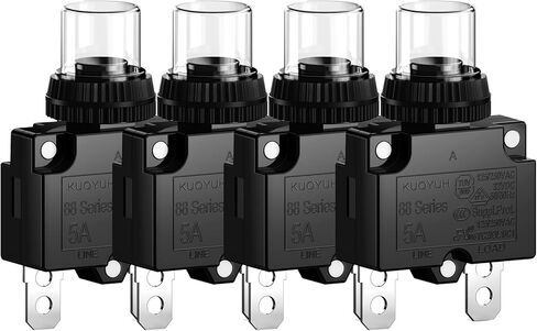 DIYhz 5Amp قواطع الدائرة الحرارية الزائد التبديل حامي 88 سلسلة دليل الضغط على زر إعادة تعيين مع محطات الاتصال السريع وغطاء زر مقاوم للماء 32VDC أو 125/250VAC 4 قطع in Kuwait