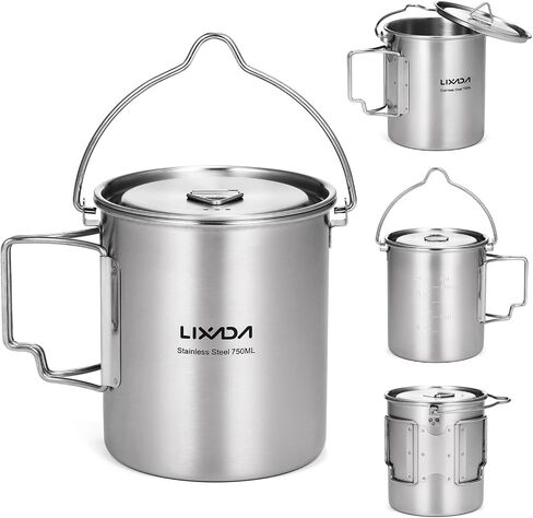 Lixada Camping Cup Pot,750ml Stainless Steel Water Cup Mug with Foldable Handles and Lid for Outdoor Camping Hiking Backpacking in Saudi Arabia