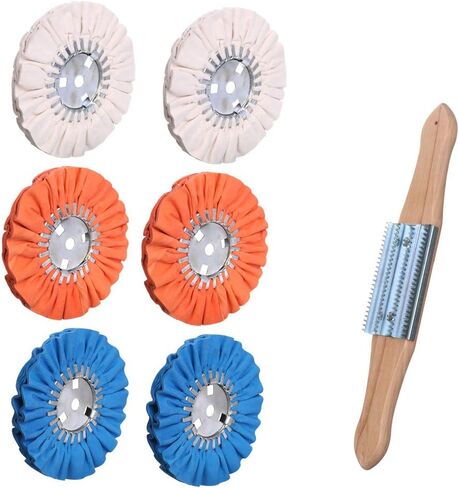 Airway Buffing Wheel Kit 7 PCs kit (2 pcs White & 2 pcs Orange & 2 pcs Blue & 1 Buffing rake) 8" in Diameter 5/8" in Arbor Hole 16 Ply for Angle Grinder 7 Pcs in Kuwait