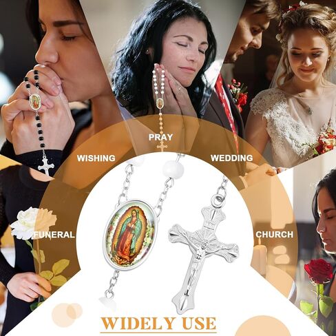 18 قطعة من مسبحة الخرز الخشبي مع صليب وسيدة غوادالوبي معطرة بالمناولة الاولى مع اكياس اورجانزا هدايا المعمودية هدية كاثوليكية ابيض واسود للرجال والنساء والبنات والاولاد in Kuwait