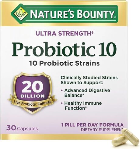 Nature's Bounty Probiotic 10، مكمل بروبيوتيك يومي فائق القوة، يدعم صحة الجهاز الهضمي والمناعة والجهاز التنفسي العلوي، عبوتين، 30 كبسولة in Saudi Arabia