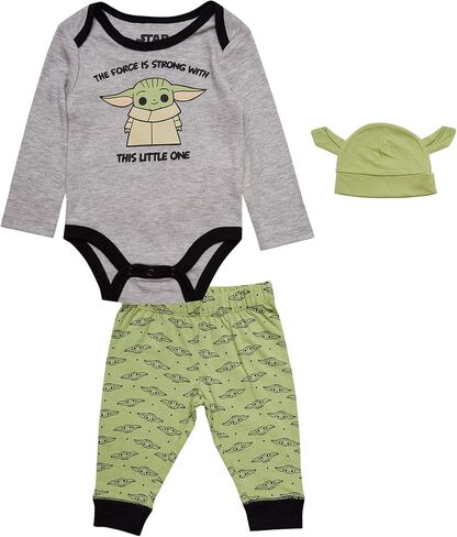 STAR WARS Disney Boys Baby Yoda Onesies Bodysuit Jogging Pants and Matching Cap 3 Piece Set, Grey/Black/Green, 12 Months in Saudi Arabia