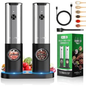 SoulFox Electric Salt and Pepper Grinder Set with USB Rechargeable - No Battery Needed - One Handed Operation - White Light - Adjustable Coarseness Automatic Electronic Spice Mill Shakers Refillable