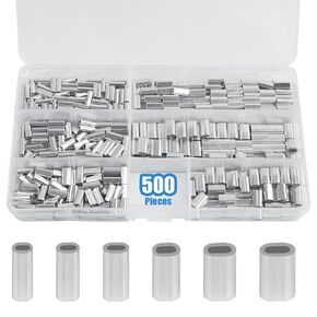 Aluminum Crimping Loop Sleeves,500-Pieces 6 Sizes Assortment Kit Wire Rope Sleeves Cable Crimp Thimbles Aluminum Crimping Loop Sleeves Rigging with Box