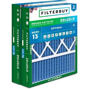 Filterbuy 20x25x5 Air Filter MERV 13 Optimal Defense (2-Pack), Pleated HVAC AC Furnace Air Filters Replacement for Honeywell FC100A1037, Lennox X6673, Carrier EXPXXFIL0020, Bryant, Day & Night, and Payne (Actual Size: 19.88 x 24.75 x 4.38 Inches)