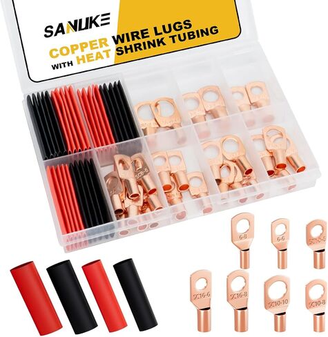Sanuke Wire Lugs Ring Terminal Connectors AWG6-2 Ends Heavy Duty for Battery Cable Lug tinned Copper Tubular Wire Electrical Eyelets Terminal 6Size 60PCS with 3:1 Heat Shrink Tubing Assortment Kit in Saudi Arabia