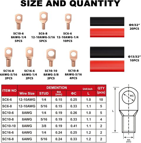 Sanuke Wire Lugs Ring Terminal Connectors AWG6-2 Ends Heavy Duty for Battery Cable Lug tinned Copper Tubular Wire Electrical Eyelets Terminal 6Size 60PCS with 3:1 Heat Shrink Tubing Assortment Kit in Saudi Arabia
