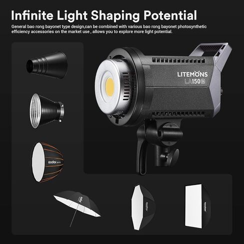 Godox LA150D LED Video Light, 190W 84800LUX@1M Daylight Studio Light, 5600K Bowens Mount LED Continuous Light, CRI 96+ 8 FX Effect 0-100% Dimming APP Control Photography LED Light in Kuwait