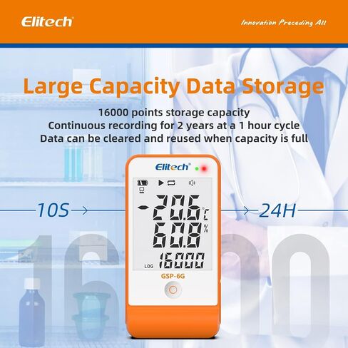 Elitech Digital Temperature Humidity Data Logger Medical Refrigerator Thermometer Vaccine Fridge Temperature Monitor Max Min Value GSP-6G-TDE in Kuwait