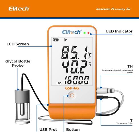 Elitech Digital Temperature Humidity Data Logger Medical Refrigerator Thermometer Vaccine Fridge Temperature Monitor Max Min Value GSP-6G-TDE in Kuwait