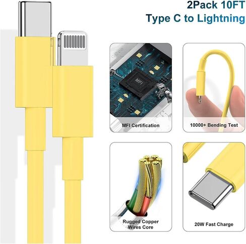 Fast Charger, [MFi Certified] 10 FT Long USB C to Lightning Cable with 20W iPhone Rapid Charging Block, Adapter for iPhone 14 13 12 11 Pro/Mini/Pro Max/X/8/iPad, 2 Pack in Kuwait