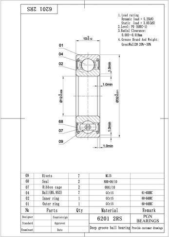 (10 عبوات) محمل كروي مختوم PGN 6201-2RS - C3-12x32x10 - مشحم - فولاذ كروم in Kuwait