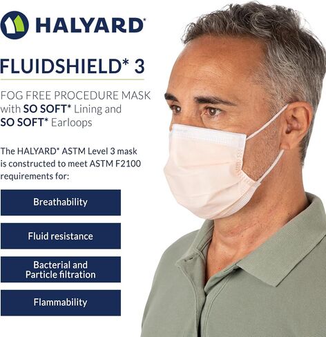 HALYARD FLUIDSHIELD Level 3 Disposable Face Mask with SO SOFT Lining/Earloop Mask, Made in the Americas (Box of 40) 47107 in Kuwait