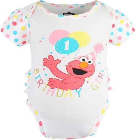Sesame Street Baby Girl's Elmo Short Sleeve First Birthday Bodysuit Creeper, White in Saudi Arabia