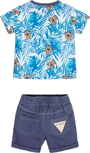 GUESS baby-boys Organic Cotton Jersey All Over Print Logo T Shirt and French Terry Short 2 Piece Set Playwear Set in Saudi Arabia