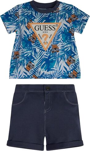 GUESS baby-boys Organic Cotton Jersey All Over Print Logo T Shirt and French Terry Short 2 Piece Set Playwear Set in Saudi Arabia