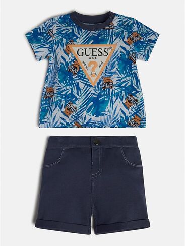 GUESS baby-boys Organic Cotton Jersey All Over Print Logo T Shirt and French Terry Short 2 Piece Set Playwear Set in Saudi Arabia