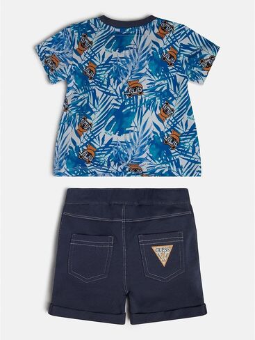 GUESS baby-boys Organic Cotton Jersey All Over Print Logo T Shirt and French Terry Short 2 Piece Set Playwear Set in Saudi Arabia