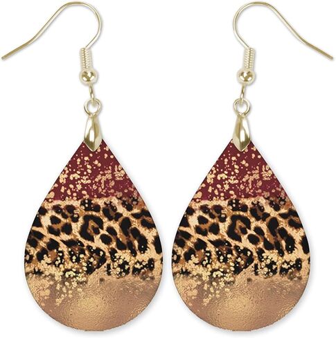 Gold & Red Wine Leopard Print Teardrop Dangle Earrings Black Maroon Burgandy Jewelry Gift for Mother's Day Mom Women Birthday Handmade by The Painted Pug (Front Side Image Only) in Kuwait