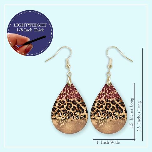 Gold & Red Wine Leopard Print Teardrop Dangle Earrings Black Maroon Burgandy Jewelry Gift for Mother's Day Mom Women Birthday Handmade by The Painted Pug (Front Side Image Only) in Kuwait