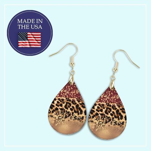 Gold & Red Wine Leopard Print Teardrop Dangle Earrings Black Maroon Burgandy Jewelry Gift for Mother's Day Mom Women Birthday Handmade by The Painted Pug (Front Side Image Only) in Kuwait