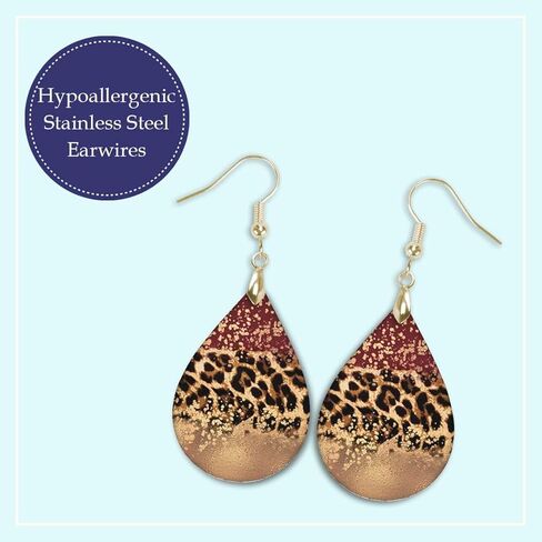 Gold & Red Wine Leopard Print Teardrop Dangle Earrings Black Maroon Burgandy Jewelry Gift for Mother's Day Mom Women Birthday Handmade by The Painted Pug (Front Side Image Only) in Kuwait
