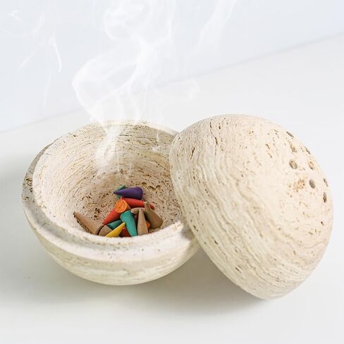 100% Natural Travertine Spherical Incense Burner, Manual Incense Burner Holder, Ideal for smudging, Incense Burning, Ritual Purpose, Decoration etc. in Saudi Arabia