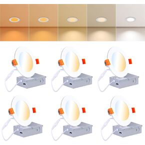 Black Recessed Lights - Canless 4 Inch Soffit Wafer Pot Lighting with Junction Box, Dimmable & 5 Color Temperature Selectable, 9W, 120Vac, Wet & IC Rated, ETL, 6 Pack