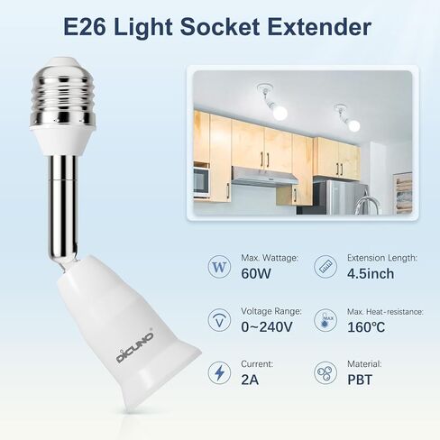 DiCUNO E26 4.5 Inch/11.5CM Extension Socket Extender Adapter, E26 to E26 Adjustable Extension, Flexible Medium Light Bulb Socket Converter, 180 Degree Bendable (2-Pack) in Saudi Arabia