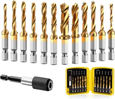THINKWORK Combination Drill Tap & Tap Bit Set, 3-in-1 Titanium Coated Screw Tapping Bit Tool for Drilling, Tapping, Countersinking, with Quick-Change Adapter, 13 PCS SAE/Metric in Saudi Arabia