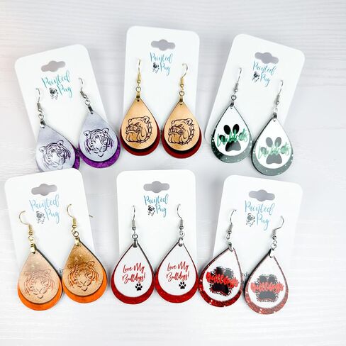 Bulldogs Blue & White Team School Football Dangle Earrings Teardrop MDF Wood Sports Fan Jewelry for Women Handmade by The Painted Pug (Blue White Lg Pawprint) (Front Side Image Only) in Saudi Arabia