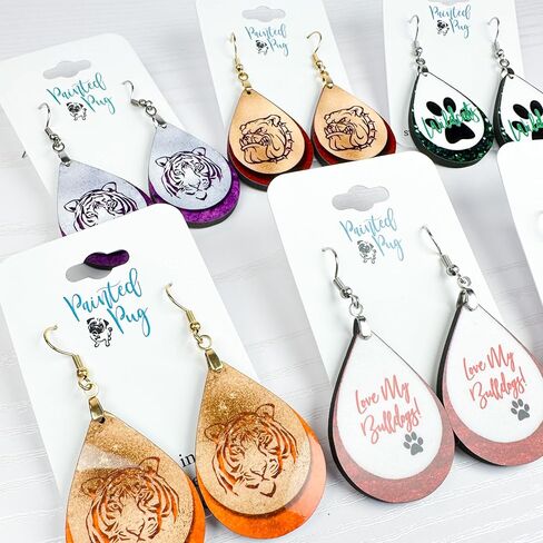 Bulldogs Blue & White Team School Football Dangle Earrings Teardrop MDF Wood Sports Fan Jewelry for Women Handmade by The Painted Pug (Blue White Lg Pawprint) (Front Side Image Only) in Saudi Arabia