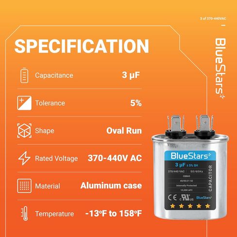 3uF mfd ±5% 370-440VAC Volt Oval Run Start Capacitor 50/60 Hz AC Electric Replacement Part by Blue Stars - Exact Fit for Central Air-Conditioners Heat Pumps Condenser Fan Motors AC Compressors in Saudi Arabia