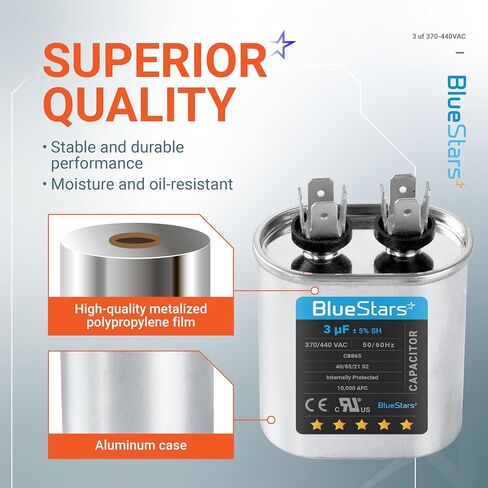 3uF mfd ±5% 370-440VAC Volt Oval Run Start Capacitor 50/60 Hz AC Electric Replacement Part by Blue Stars - Exact Fit for Central Air-Conditioners Heat Pumps Condenser Fan Motors AC Compressors in Saudi Arabia