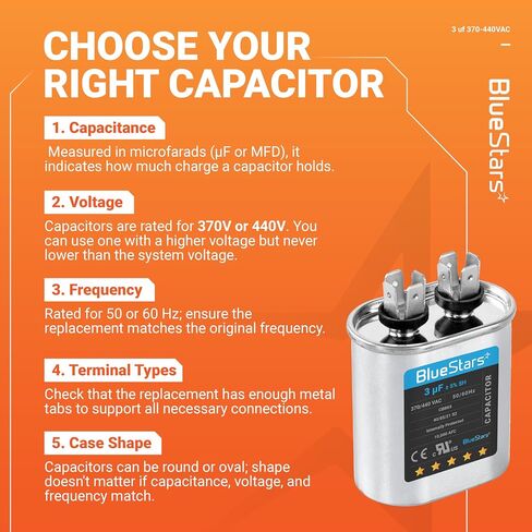 3uF mfd ±5% 370-440VAC Volt Oval Run Start Capacitor 50/60 Hz AC Electric Replacement Part by Blue Stars - Exact Fit for Central Air-Conditioners Heat Pumps Condenser Fan Motors AC Compressors in Saudi Arabia