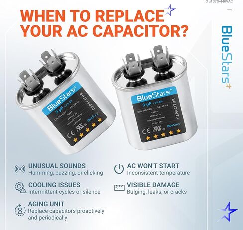 3uF mfd ±5% 370-440VAC Volt Oval Run Start Capacitor 50/60 Hz AC Electric Replacement Part by Blue Stars - Exact Fit for Central Air-Conditioners Heat Pumps Condenser Fan Motors AC Compressors in Saudi Arabia