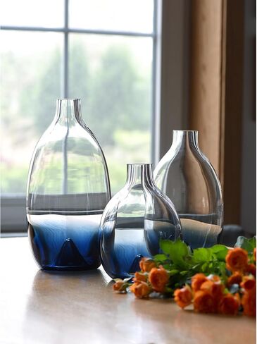 CONVIVA Glass Vase for Flowers Modern Blue Color Mother's Day Decorative Centerpiece Simple Design Hand Blown Home Decor Kitchen Dining Living Room Tabletop 9.4 inch H in Kuwait