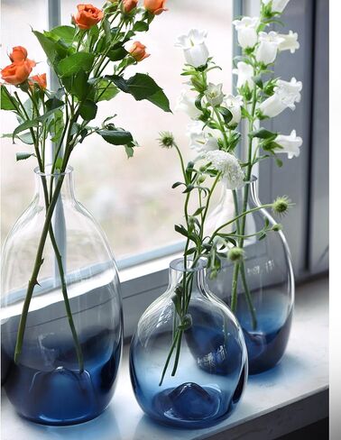 CONVIVA Glass Vase for Flowers Modern Blue Color Mother's Day Decorative Centerpiece Simple Design Hand Blown Home Decor Kitchen Dining Living Room Tabletop 9.4 inch H in Kuwait