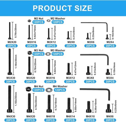 Hex Socket Button Head Cap Screws Bolts and Nuts and Washers Assortment Kit, 520pcs Stainless Steel Standard Metric M3/M4/M5/M6 Hex Socket Screws Nuts and Bolts Washers Hardware Kit in Kuwait