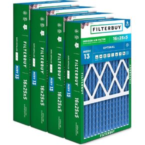 Filterbuy 16x25x5 Air Filter MERV 13 Optimal Defense (4-Pack), Pleated HVAC AC Furnace Air Filters Replacement for Honeywell FC100A1029, Lennox X6670, Carrier P102-1625, Air Kontrol, Bryant, Day & Night, and Payne (Actual Size: 15.75 x 24.75 x 4.38)