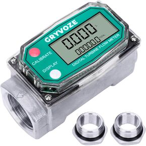 GRYVOZE 1 Inch Digital Turbine Fuel Flow Meter, 2.6-26 GPM Inline NPT Thread Flowmeter with 3/4 in Adapters for Water, Diesel, Gas Oil, Gasoline, and Other Liquids - Supports Gallon, QTS, PTS, L, m³ in Kuwait